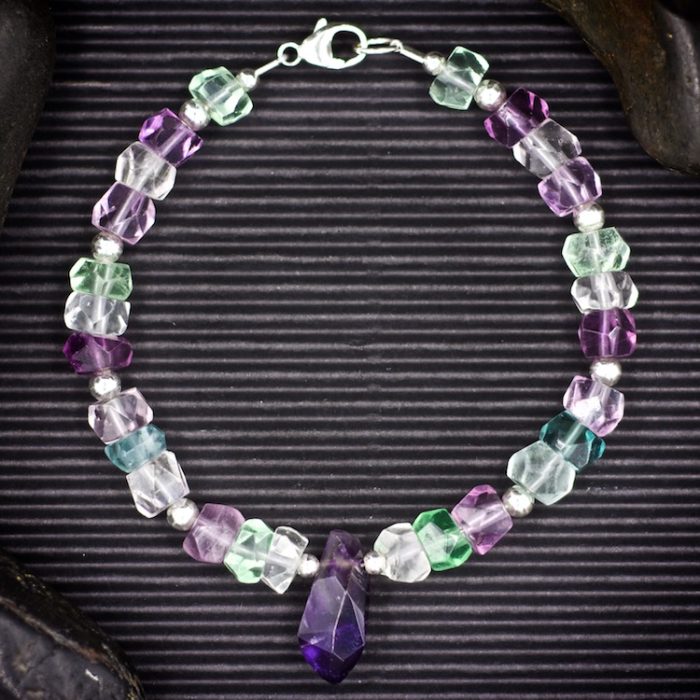 Fluorite Faceted Rondelle and Amethyst Bracelet