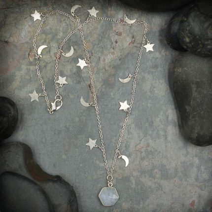 Moonstone Hexagon Pendant on Moon and Star Chain