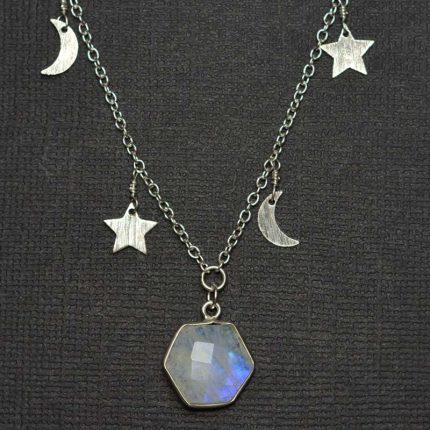 Moonstone Hexagon Pendant on Moon and Star Chain