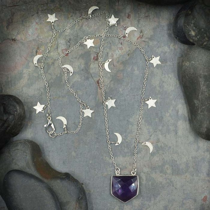 Amethyst Pentagon Pendant on Moon and Star Chain