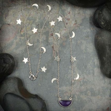 Amethyst Half Moon Pendant on Moon and Star Chain