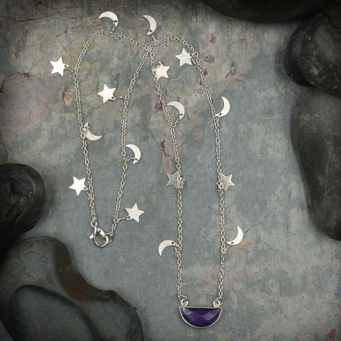 Amethyst Half Moon Pendant on Moon and Star Chain