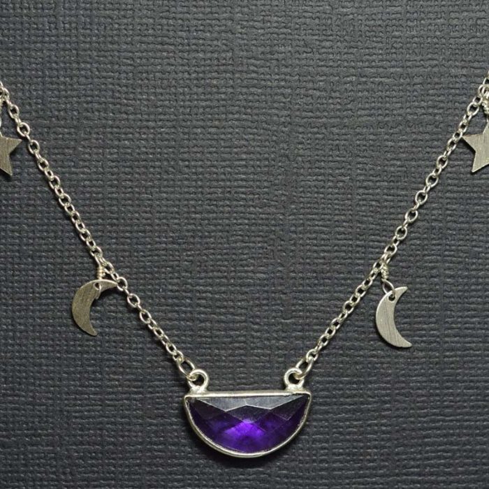 Amethyst Half Moon Pendant on Moon and Star Chain