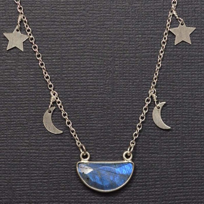 Labradorite Half Moon Pendant on Moon and Star Chain