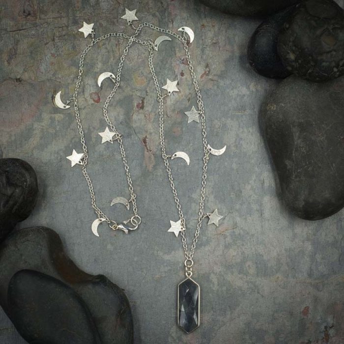 Labradorite Long Marquise Pendant on Moon Star Chain