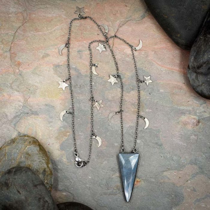 Labradorite Triangle Pendant on Moon and Star Chain - A