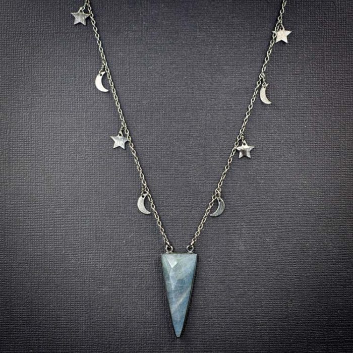 Labradorite Triangle Pendant on Moon and Star Chain - A