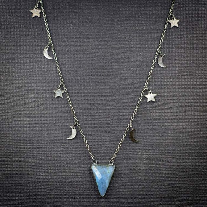 Labradorite Triangle Pendant on Moon and Star Chain - B