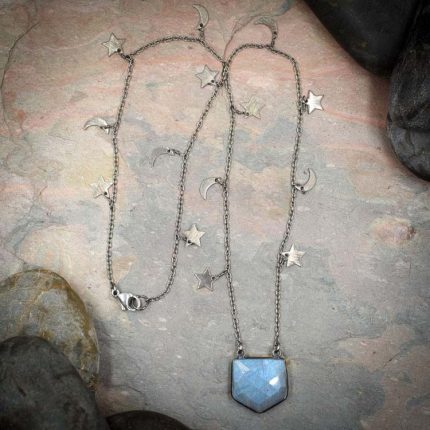 Labradorite Pentagon Pendant on Moon and Star Chain - C