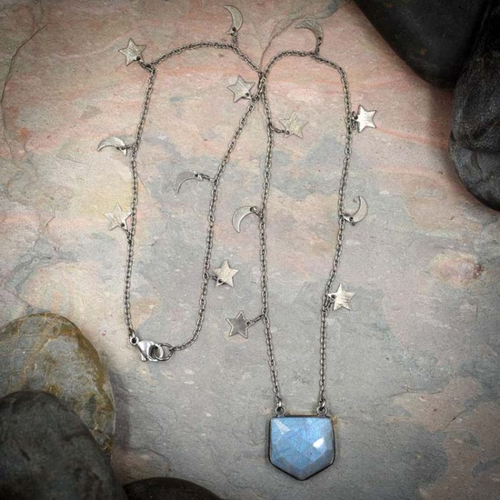 Labradorite Pentagon Pendant on Moon and Star Chain - C