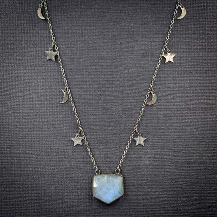 Labradorite Pentagon Pendant on Moon and Star Chain - C
