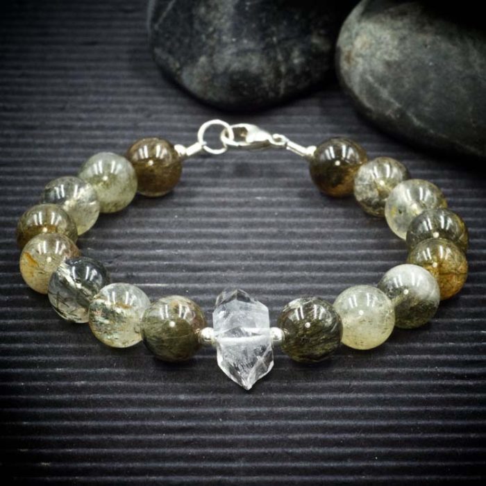 Green Tourmaline Rutile Quartz and Herkimer Diamond Bracelet