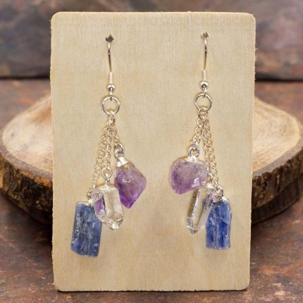 Amethyst - Kyanite - Quartz Triple Dangle Earrings