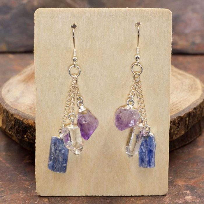 Amethyst - Kyanite - Quartz Triple Dangle Earrings